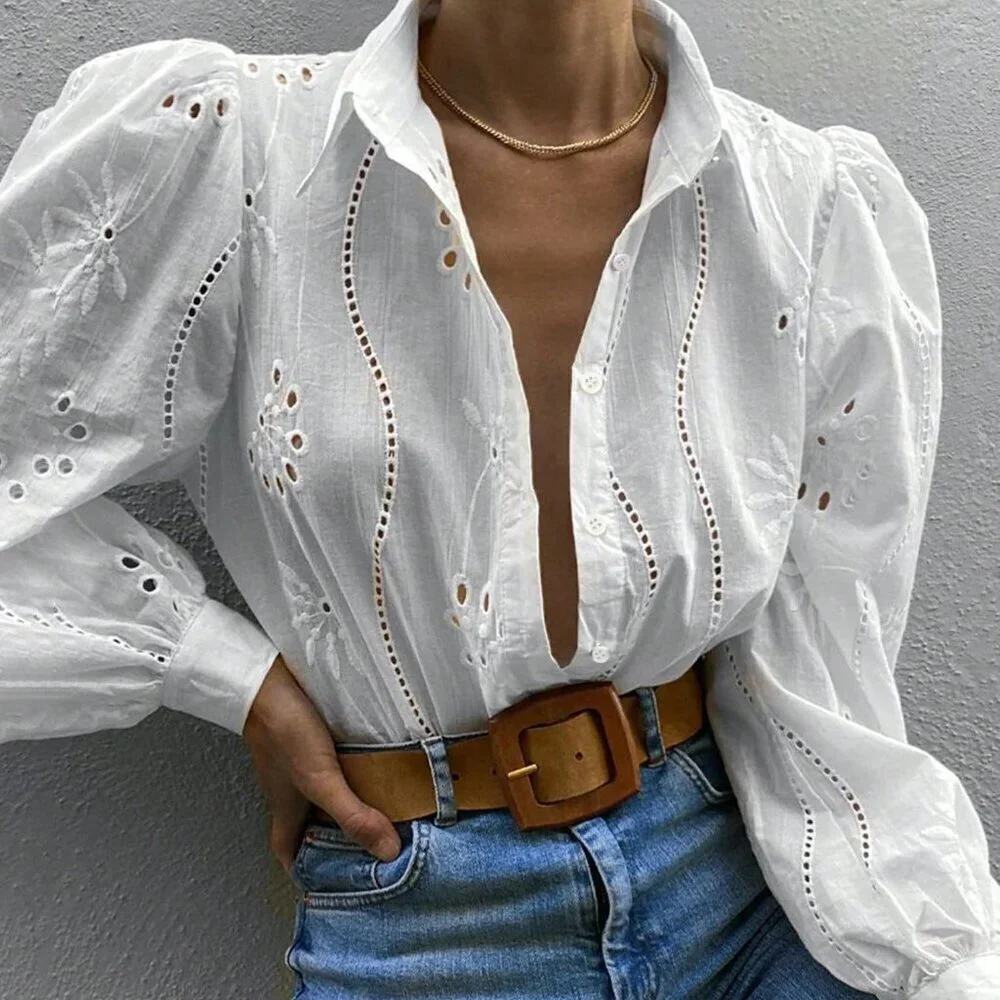 White Casual Women's Hollow Out Embroidery Button Front Long Sleeve Shirt - Picture 4 of 5